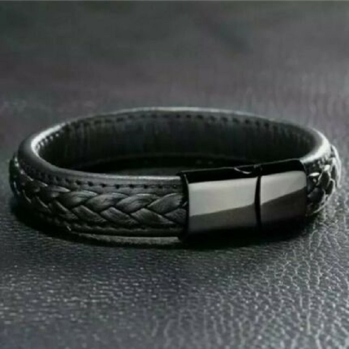 Men leather Braided Bracelet Wristband stainless steel clasp